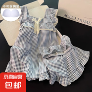 帶胸墊睡衣女夏季天學生吊帶短褲甜美可愛格子少女薄款家居服套裝 137-2藍格 XL