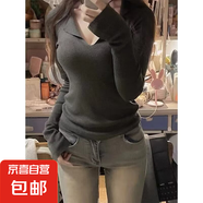 春秋純欲性感polo領長袖針織衫女大碼胖mm微胖打底修身顯瘦上衣冬 深灰色 S