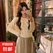 錦裳淑小香風(fēng)開(kāi)衫毛衣外套女秋冬新款韓版紅色蝴蝶結(jié)釘珠針織上衣 白色 XL