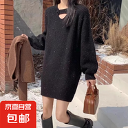 錦裳淑冬季新款套頭亮絲線寬松百搭韓版中長(zhǎng)款針織毛衣連衣裙女Z7 黑色 2XL