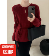 錦裳淑高級感咖色鏤空毛衣女秋冬可外穿中長(cháng)款寬松內搭針織衫上衣 紅色 XL