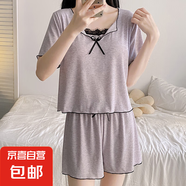 莫代爾棉夏季睡衣女帶胸墊蝴蝶結蕾絲花邊方領(lǐng)短袖短褲家居服套裝 1813紫色 L