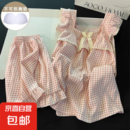帶胸墊睡衣女夏季天學生吊帶短褲甜美可愛格子少女薄款家居服套裝 137-1粉格 XL