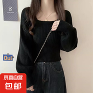 錦裳淑法式小眾方領(lǐng)毛衣女內(nèi)搭秋冬別致燈籠袖上衣方領(lǐng)針織打底衫 黑色 均碼 適合體重80-125