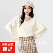 錦裳淑秋冬新款黑色v領(lǐng)毛衣女春秋內搭長(cháng)袖打底衫外穿掛脖針織上 杏色 L