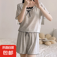 莫代爾棉夏季睡衣女帶胸墊蝴蝶結蕾絲花邊方領(lǐng)短袖短褲家居服套裝 1811灰色 2XL