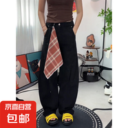 美式高街格子牛仔褲男女夏薄款cleanfit高腰顯瘦寬松闊腿彎刀褲子 黑色 常規(guī) 原版高品質(zhì) M 建議90-110斤