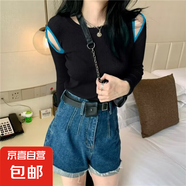 春秋chic風(fēng)打底T恤女早秋甜辣設計感小眾心機露肩長(cháng)袖針織衫上衣 黑色 3XL