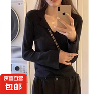 春秋純欲性感polo領長袖針織衫女大碼胖mm微胖打底修身顯瘦上衣冬 黑色 M