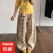 爆款復古美式松弛感彎刀闊腿星星格子撞色寬松女裝休閑褲 黃色格子褲子 2XL