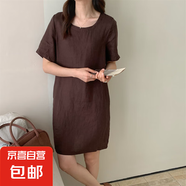 亞麻女裝夏季新款小個子氣質(zhì)顯瘦高級感法式連衣裙 深咖色 L （105-125斤）