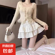 白色蛋糕裙半身裙女夏季新款小個子高腰a字短款蕾絲芭蕾蓬蓬短裙 杏色_有內襯 2XL