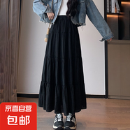 純色半身裙女裝春夏季高腰顯瘦A字裙百褶長裙傘裙韓系蛋糕裙J398 黑色 L （111-125斤）