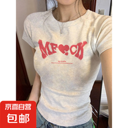 純棉百搭辣妹字母印花t恤女2025新款小個子修身顯瘦百搭休閑上衣 白灰色-K446右- L 建議101-111斤內(nèi)