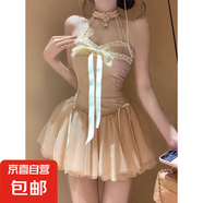 清新設(shè)計(jì)a字減齡短裙百搭純欲風(fēng)甜美掛脖露肩蕾絲吊帶女春夏新款 粉色 S
