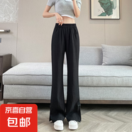 【立體腰】新中式棉麻開叉微喇褲女夏季薄款冰絲亞麻國(guó)風(fēng)喇叭褲子 黑色 2XL 【建議130-145斤】