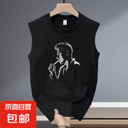 新款夏季寬松休閑美式個(gè)性印花男士痞帥圓領(lǐng)無(wú)袖背心百搭潮流上衣 黑色 5XL 建議180-200斤以?xún)?nèi)穿