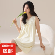 夏季莫代爾棉睡裙女士無(wú)袖V領(lǐng)蕾絲高級(jí)感家居服夏天女款中長(zhǎng)裙 22577#米黃 XL
