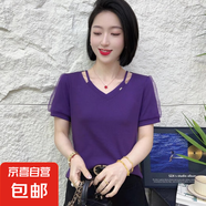 夏季新款拼接網(wǎng)紗設計感洋氣V領(lǐng)純色T恤短袖女裝顯瘦氣質(zhì)女人上衣 20002#-紫色 2XL 【130-145斤】