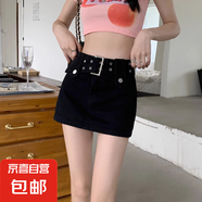 港風復古牛仔半身裙女夏季新款高腰寬松遮胯顯瘦a字防走光短裙子 黑色 XL