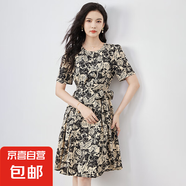復古印花短袖連衣裙女2025夏裝新款女裝收腰顯瘦氣質(zhì)高級感裙子 黑色 L