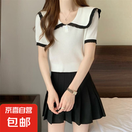 娃娃領撞色甜美短袖針織衫女夏季薄款小個子修身顯瘦上衣小衫女潮 杏色 均碼