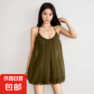 沙灘度假風(fēng)慵懶風(fēng)掛脖露肩連衣裙網(wǎng)紗拼接花苞裙顯瘦a字裙 墨綠色 XL