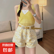 高腰闊腿牛仔短褲女2025夏季新款韓系設計感暈染花色卷邊薄款熱褲 XY-2217【黃色】 2XL