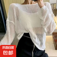 性感鏤空針織衫2025夏季新款韓版百搭寬松長(zhǎng)袖心機(jī)露背防曬上衣女 白色 均碼