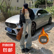 復(fù)古毛邊高腰微喇牛仔褲女2025秋季新款辣妹顯瘦流蘇 藍(lán)色加絨 L