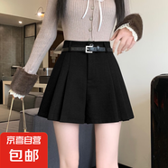 咖色百褶毛呢短褲女2025新款秋冬季外穿靴褲高腰a字闊腿休閑褲裙 黑色 L