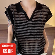韓版針織短袖t恤女2025新款夏季薄款設(shè)計感polo領(lǐng)飛飛袖上衣 195黑條 均碼