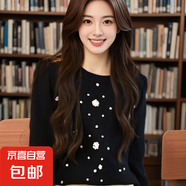 2025秋季新款女針織衫圓領長袖套頭繡花修身打底衫百搭毛 黑色 均碼
