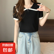 娃娃領撞色甜美短袖針織衫女夏季薄款小個子修身顯瘦上衣小衫女潮 黑色 均碼