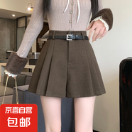 咖色百褶毛呢短褲女2025新款秋冬季外穿靴褲高腰a字闊腿休閑褲裙 咖色 L