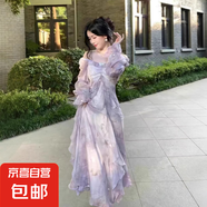少女時(shí)尚雪紡燙金繡花仙女吊帶連衣裙度假收腰輕薄透氣有內襯夏 花色 S (160) 胸圍84，腰圍68，裙長(cháng)130