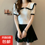 娃娃領撞色甜美短袖針織衫女夏季薄款小個子修身顯瘦上衣小衫女潮 白色 均碼