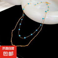 鋯石貝母橢圓形綠松石吊墜項鏈復古時尚簡約鎖骨鏈小眾設計感頸鏈 項鏈-金色-藍色（真金電鍍）