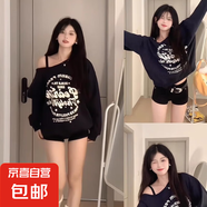 美式復(fù)古黑色斜肩露肩衛(wèi)衣女秋冬季新款慵懶chic港味寬松長(zhǎng)袖上衣 黑色 XL