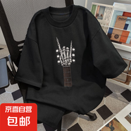 骨骼搖滾手勢吉他印花T恤男士純棉街頭音樂風(fēng)ZYFS 黑色 L 【120-130】