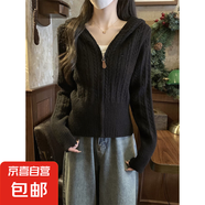 miu系麻花連帽加厚拉鏈毛衣開(kāi)衫外套女高級感軟糯針織衫上衣HU79 黑色 XL