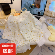 【春暖花開~】25新款親子裝女童花邊家居服套裝中大童公主風(fēng)套裝8 KS11花邊套裝-黃色碎花 130 碼（建議身高115-125cm）