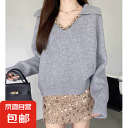 重工編織針織衫翻領(lǐng)毛衣女韓版寬松內(nèi)搭打底衫顯瘦針織上衣女H53 灰色 L