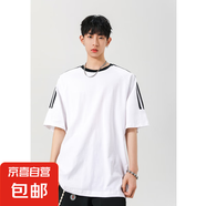 美式三條杠休閑圓領(lǐng)運動(dòng)短袖t恤重磅雙紗純棉百搭情侶上衣 白色 M
