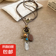 中古風(fēng)人造木款幾何吊墜項(xiàng)鏈波西米亞風(fēng)鎖骨鏈復(fù)古個(gè)性氣質(zhì)飾品女 項(xiàng)鏈-銀色-小羽毛