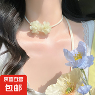 超仙森系山茶花綁帶項鏈小清新甜美溫柔鎖骨鏈高級感choker頸鏈女 項鏈-米白色