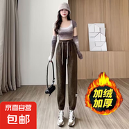 歐棉絨運動(dòng)褲學(xué)生束腳褲休閑高腰長(cháng)褲子加絨寬松女加厚衛褲子CYD 咖啡色(加絨) 2XL