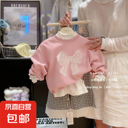 兒童春秋季新款蕾絲蝴蝶節(jié)衛(wèi)衣女童法式優(yōu)雅元?dú)馍倥畬偕噬弦?粉色 90碼（建議身高75-85cm)
