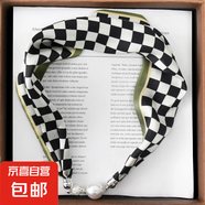 磁扣絲巾網(wǎng)紅夏季高級感護頸小長條多功能懶人系列細窄緞面磁力扣 黑白格 57*13CM