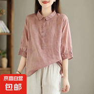 高端棉麻襯衫女夏季裝薄款時(shí)尚苧麻襯衣媽媽寬松亞麻小衫上衣半袖 8899#-駝粉色 3XL 【145-162斤】